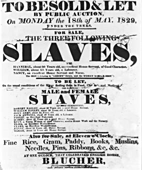 Volantino pubblicizzante una vendita di schiavi